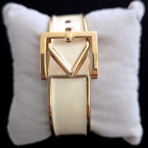 Vintage Cream Enamel Gold Tone Belt Buckle‎ Hinged Bangle Bracelet Equestrian
